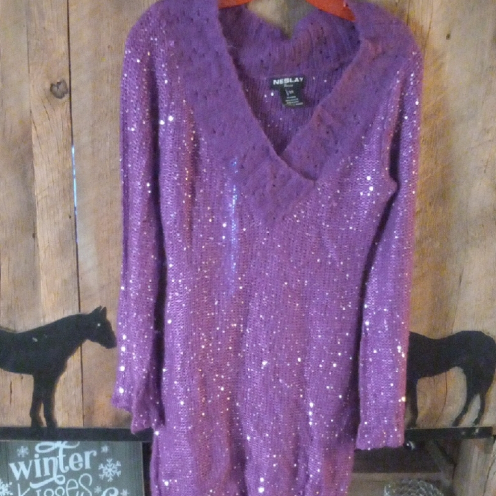 Purple Sequin Sweater Dress
